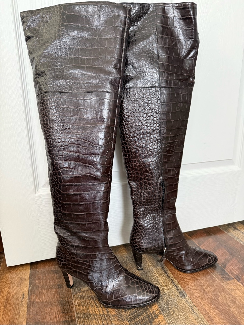 Reformation Dark Brown Croc-Embossed Over-the-Knee Boots